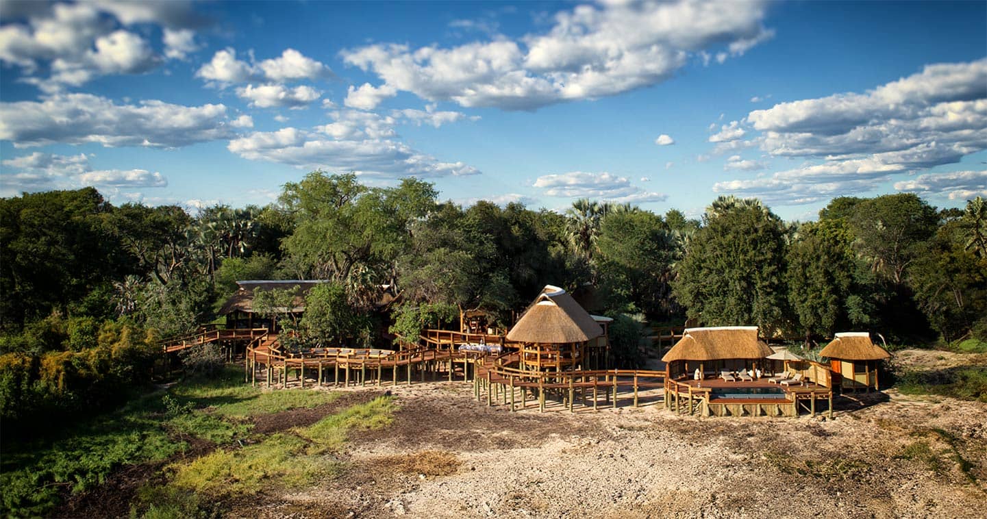 Aerial view of Camp Okavango in the Okavango Delta, Botswana