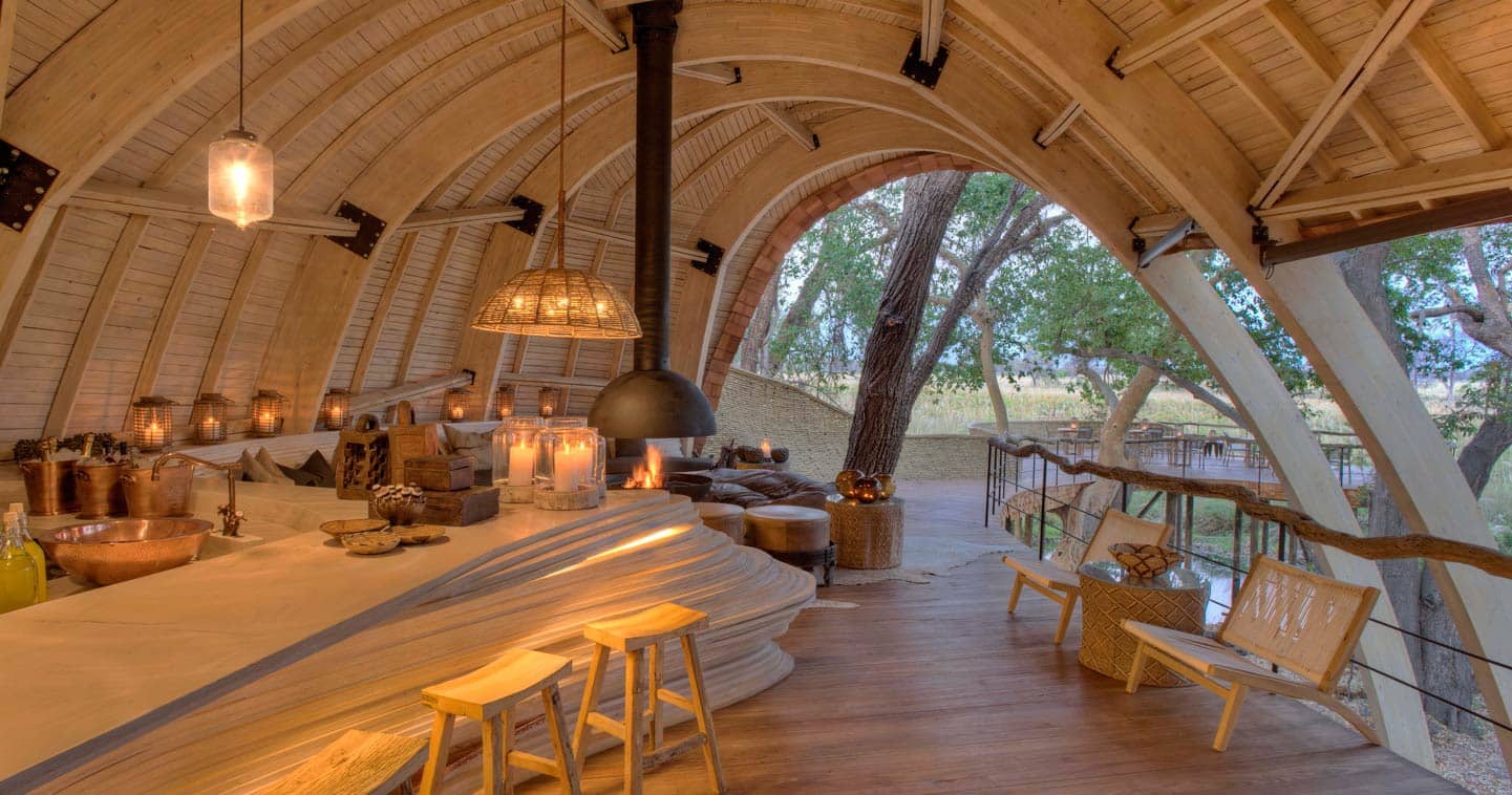 The lounge at Sandibe Okavango Safari Lodge in the Okavango Delta